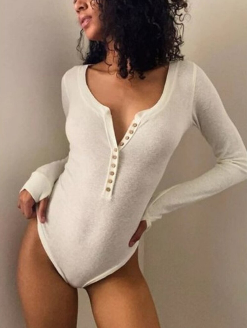 Free People Intimately Dylan White Thermal Henley Button Front Bodysuit